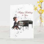 Happy Birthday Piano Man Singing to his Wife Card<br><div class="desc">Sweet and Romantic Birthday Card for Wife of a Piano Man wearing a tux and fedora hat playing and singing "Happy Birthday" on a grand piano. Musical notes flow from top to bottom of the card. Inside has hearts. You can personalize with your wife's name or your pet name for...</div>