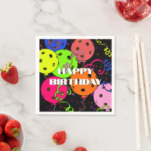 Happy Birthday Pickleball Balloons Confetti Black Napkins