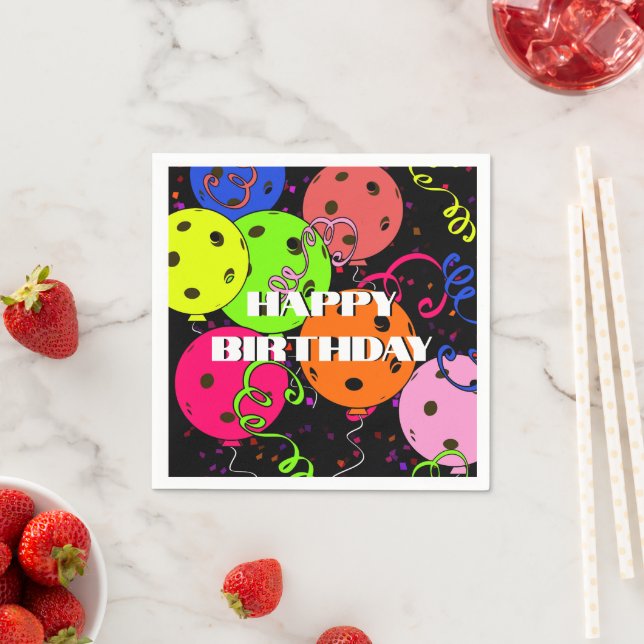 Happy Birthday Pickleball Balloons Confetti Black Napkins (Insitu)