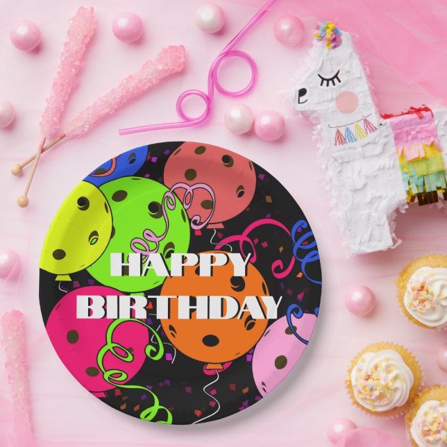 Happy Birthday Pickleball Balloons Confetti Black Paper Plates (Party)