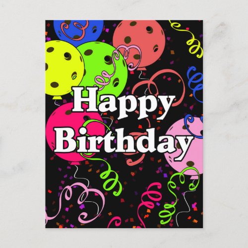 Happy Birthday Pickleball Balloons Confetti Black Postcard