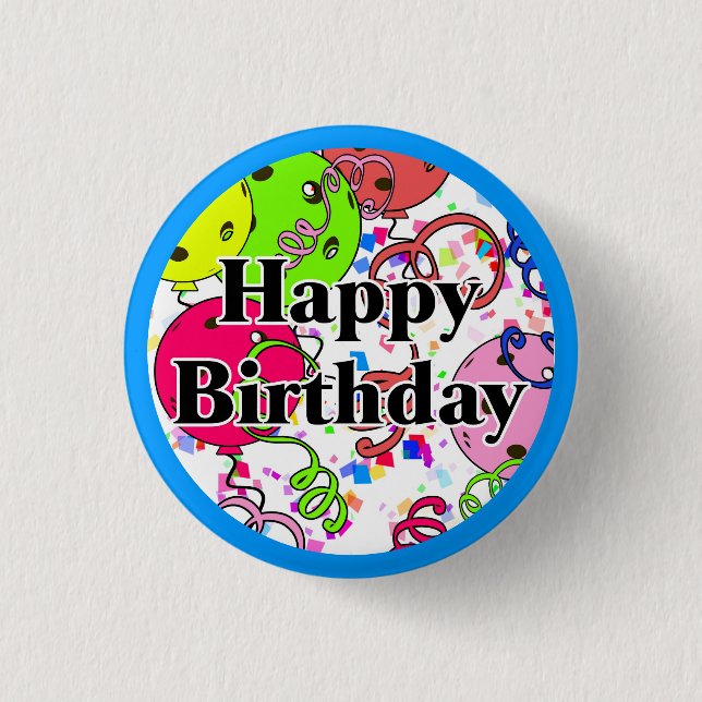 Happy Birthday Pickleball Balloons Confetti White Button (Front)