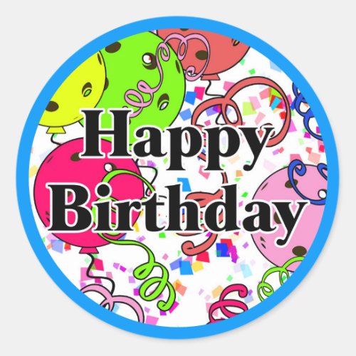 Happy Birthday Pickleball Balloons Confetti White Classic Round Sticker