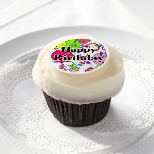 Happy Birthday Pickleball Balloons Confetti White Edible Frosting Rounds
