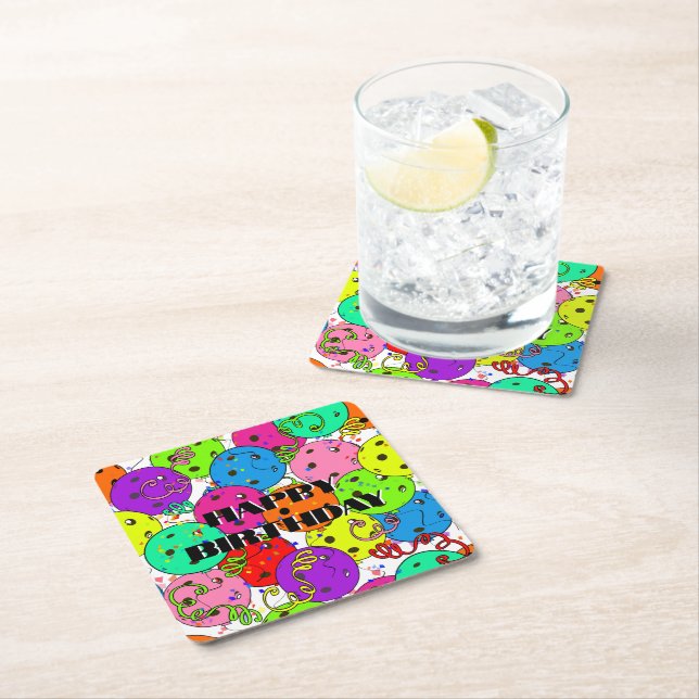 Happy Birthday Pickleball Balloons Confetti White Square Paper Coaster (Insitu)