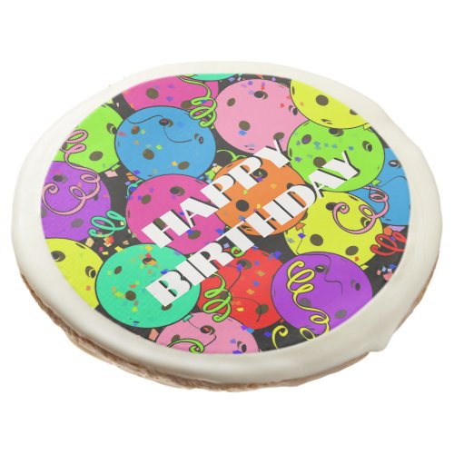 Happy Birthday Pickleball Balloons Confetti White Sugar Cookie