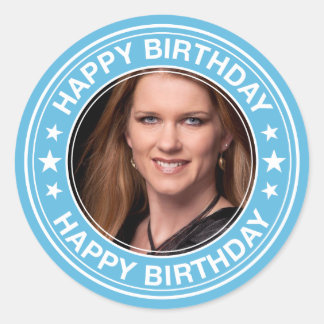 Happy Birthday Picture Frame in Blue Classic Round Sticker
