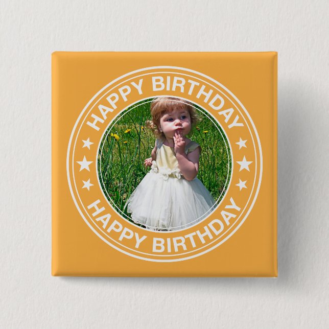 Happy Birthday picture Frame in Yellow Pinback Button (Front)