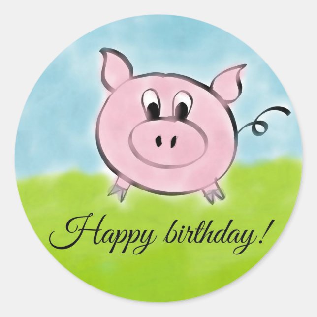 Happy birthday pig classic round sticker (Front)