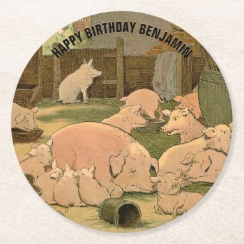 Happy Birthday Pigs Illustrated Round Paper Coaster by kidslife at Zazzle