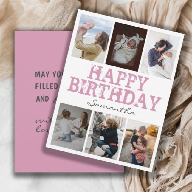 Happy Birthday Pink 6 Photo Collage Greeting Card (Creator Uploaded)