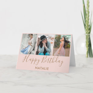 Happy Birthday Pink and Gold 3 Photo Collage Card