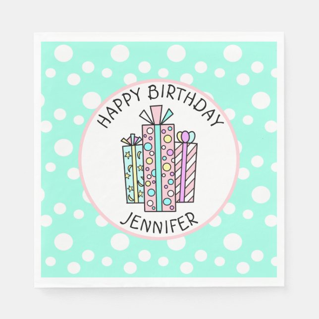 Happy Birthday Pink and Mint Green Girl's Napkins (Front)