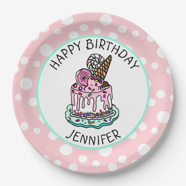Happy Birthday Pink and Mint Green Girl's Napkins Paper Plates (Front)