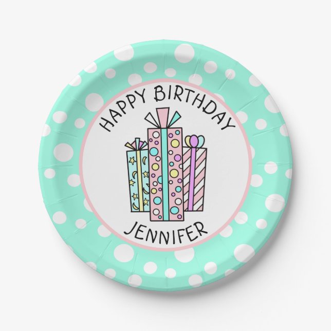 Happy Birthday Pink and Mint Green Girl's Paper Pl Paper Plates (Front)