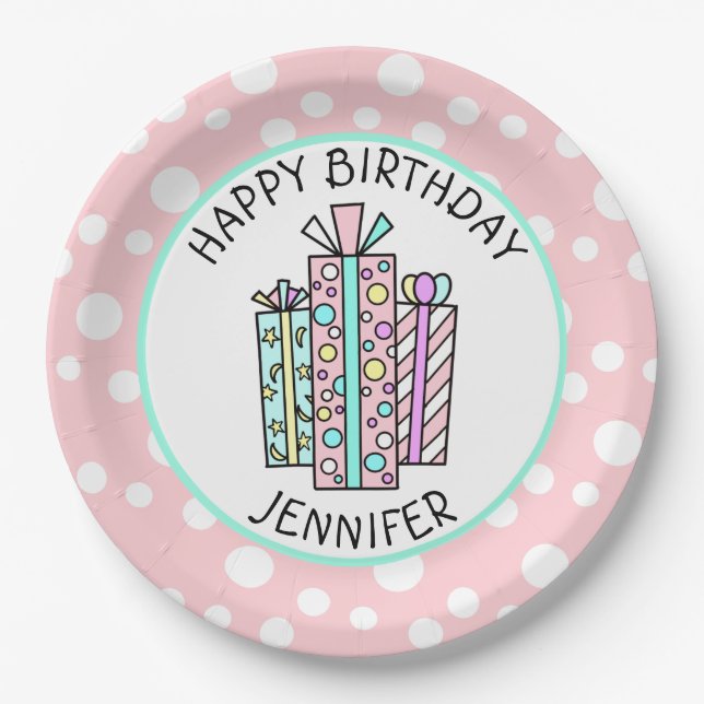 Happy Birthday Pink and Mint Green Girl's Paper Plates (Front)