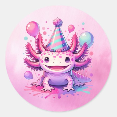 Happy Birthday Pink and Purple Axolotl  Classic Round Sticker