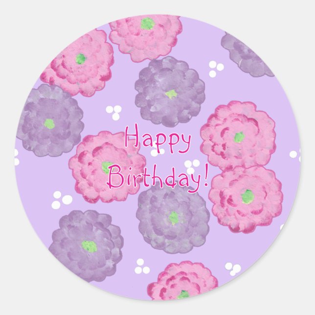 Happy Birthday, pink and purple flowers stickers (Front)