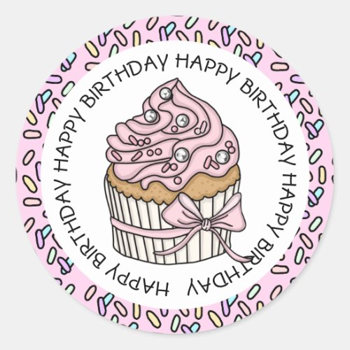 Happy Birthday Pink and Vanilla Cupcake    Classic Round Sticker