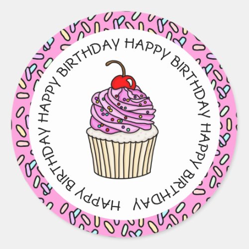 Happy Birthday Pink and Vanilla Cupcake  Classic Round Sticker