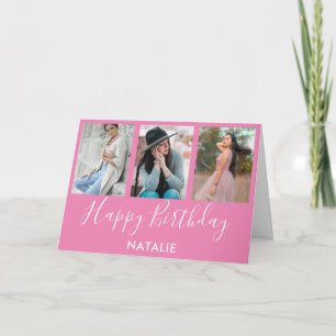 Happy Birthday Pink and White 3 Photo Collage Card