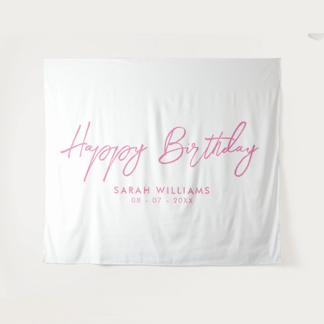 Happy Birthday Pink and White Modern Script Tapestry (Front (Horizontal))