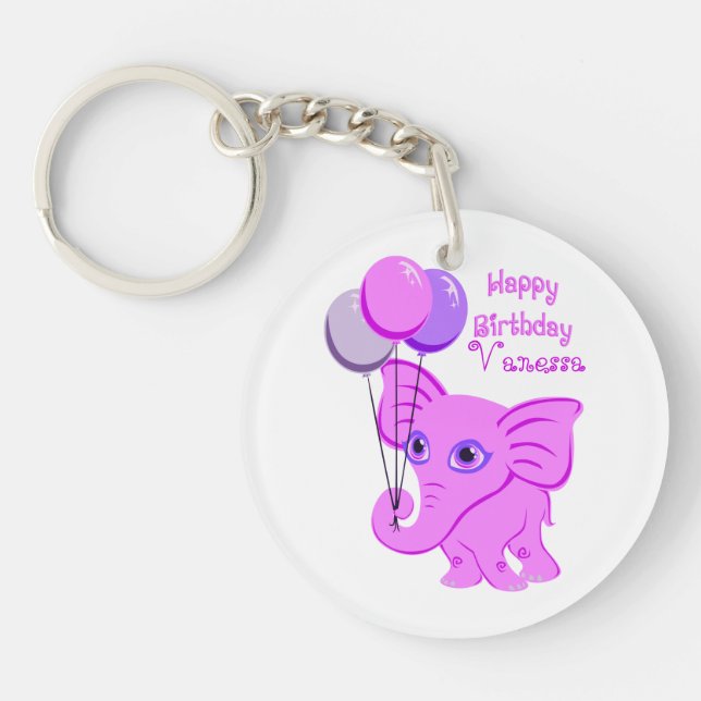 Happy Birthday Pink Baby Elephant Custom Name Keychain (Front)