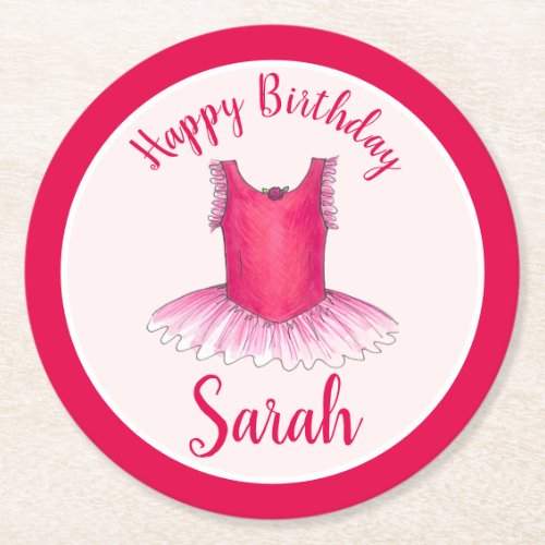 Happy Birthday Pink Ballet Dance Ballerina Tutu Round Paper Coaster
