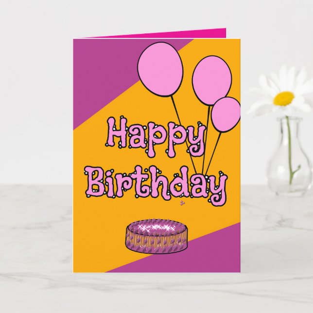 Happy birthday pink balloons and cake design  card (Small Plant)