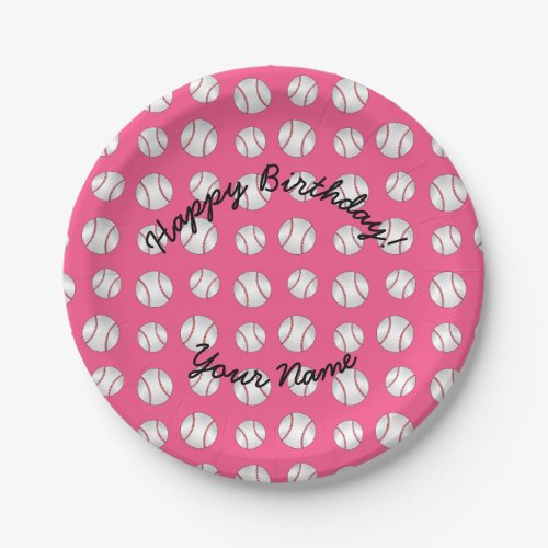 Happy Birthday pink baseball Paper Plates