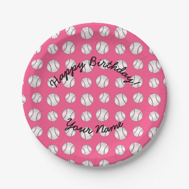 Happy Birthday pink baseball Paper Plates (Front)