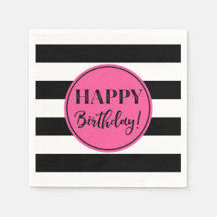 Happy Birthday Pink Black White Stripes Napkins