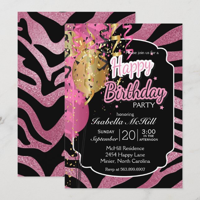 Happy BIrthday - Pink & Black Zebra Stripes Invita Invitation (Front/Back)