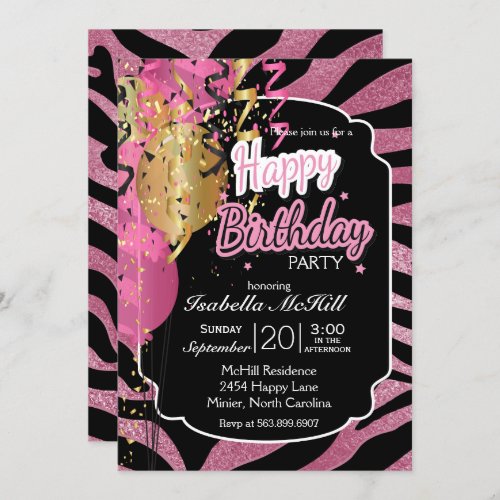 Happy BIrthday _ Pink  Black Zebra Stripes Invita Invitation