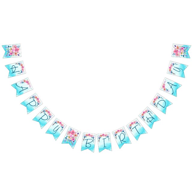 Happy Birthday Pink Blue Turquoise Floral Bunting Flags (All)