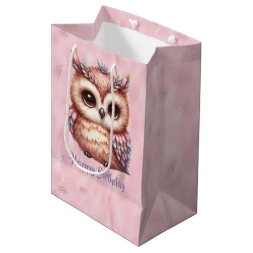 Happy Birthday Pink Brown Owl on Shiny Pink Medium Gift Bag