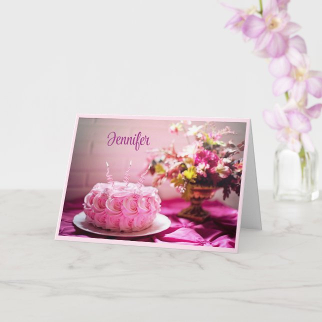 Happy Birthday Pink Cake Personalize Greeting Card (Orchid)