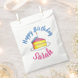 Happy Birthday Pink Cake Slice Candle Party Bday Favor Bag