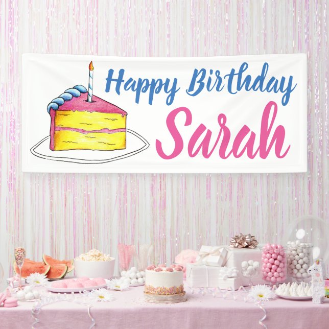 Happy Birthday Pink Cake Slice Candle Party Favor Banner (Party)