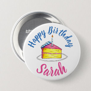 Happy Birthday Pink Cake Slice Candle Party Favor Button