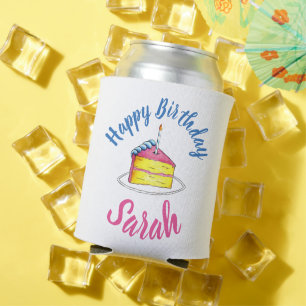 Happy Birthday Pink Cake Slice Candle Party Favor Can Cooler