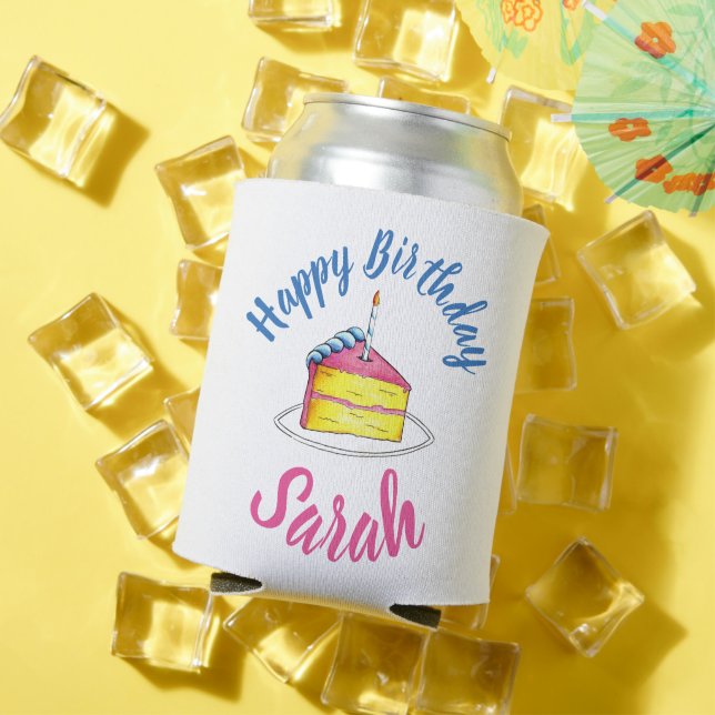 Happy Birthday Pink Cake Slice Candle Party Favor Can Cooler (In Situ Summer)