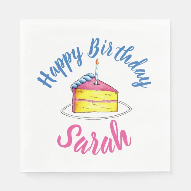 Happy Birthday Pink Cake Slice Candle Party Favor Napkins (Front)