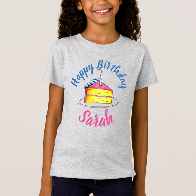 Happy Birthday Pink Cake Slice Candle Party Favor T-Shirt (Front)