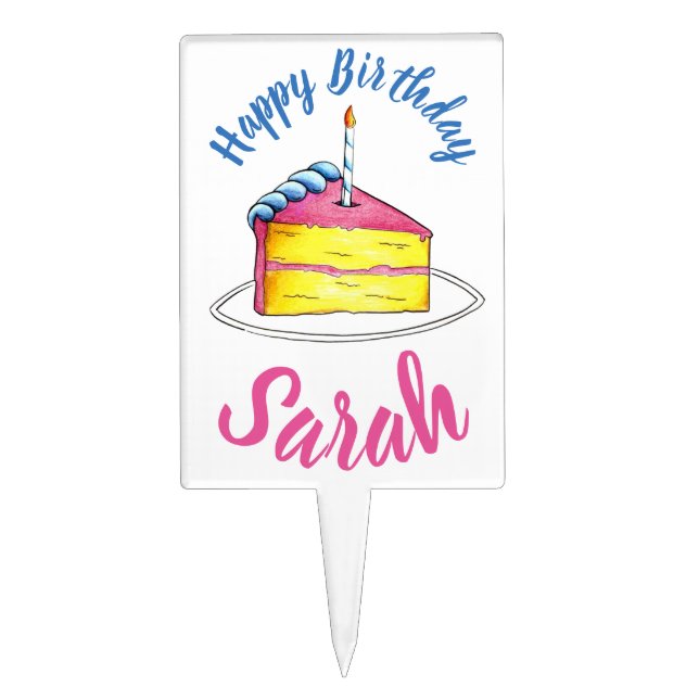 Happy Birthday Pink Cake Slice Candle Party Favor Topper (Front)