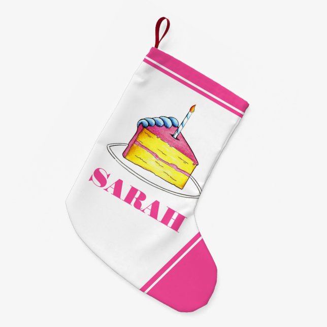 Happy Birthday Pink Cake Slice Candle Party Small Christmas Stocking (Front (Hanging))