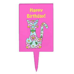 Happy Birthday Pink Cat Cake Pick