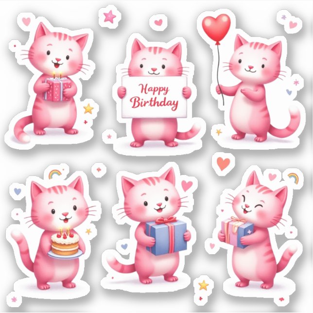 Happy Birthday - Pink Cats - Cake Balloons Gifts - Sticker (Front)