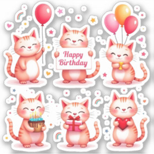 Happy Birthday - Pink Cats - Cake Balloons Gifts - Sticker