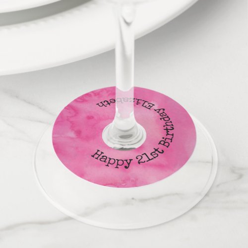 Happy Birthday Pink Chic Girly Watercolor Monogram Wine Glass Tag